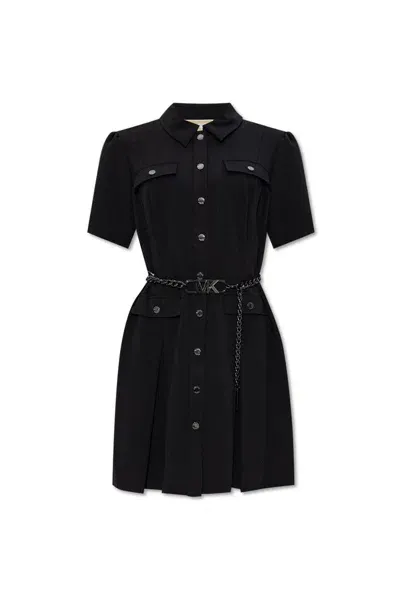 Michael Michael Kors Stretch Crepe Belted Shirtdress In Black