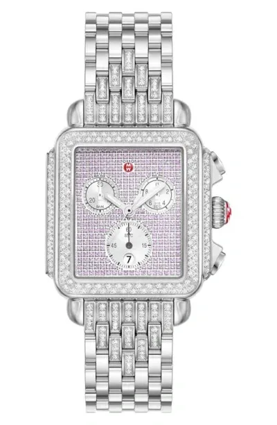 Michele Deco Diamond & Pink Sapphire Bracelet Chronograph Watch, 35mm In Silver