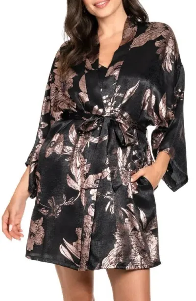 Midnight Bakery Floral Metallic Satin Robe In Black