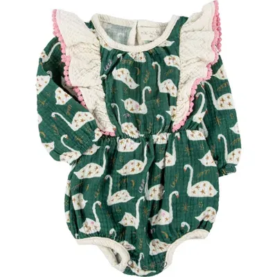 Miki Miette Babies'  Ingrid Print Ruffle Accent Cotton Bubble Romper In Swan Lake