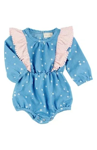 Miki Miette Babies'  Ingrid Star Print Cotton Ruffle Bubble Romper In Nordic Sky