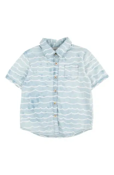 Miki Miette Kids' Jerry Wave Print Short Sleeve Cotton Button-up Shirt In Key West