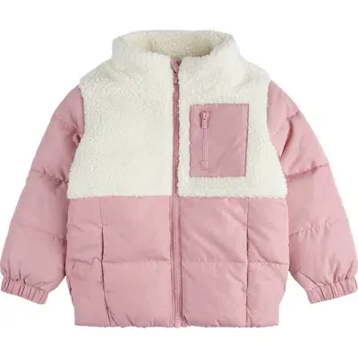 Miles The Label Kids' Colorblock Faux Fur & Quilted Puffer Jacket In Pink Light