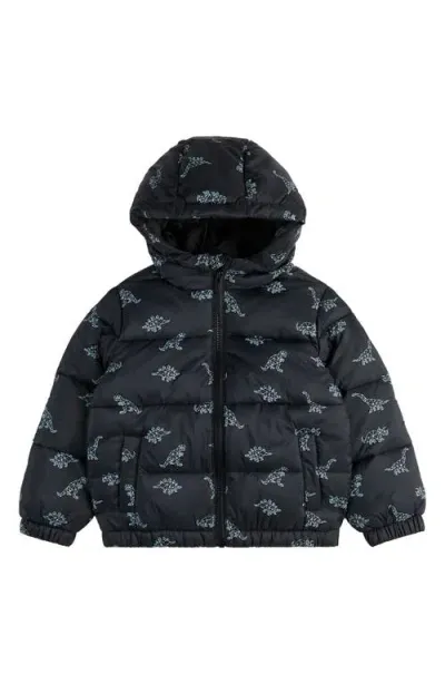 Miles The Label Kids' Geometric Dino Hooded Waterproof Puffer Jacket In Black