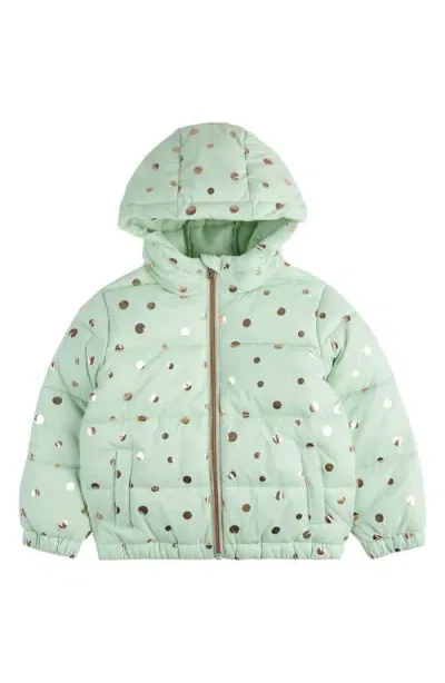 Miles The Label Kids' Metallic Polka Dot Hooded Puffer Jacket In Light Green