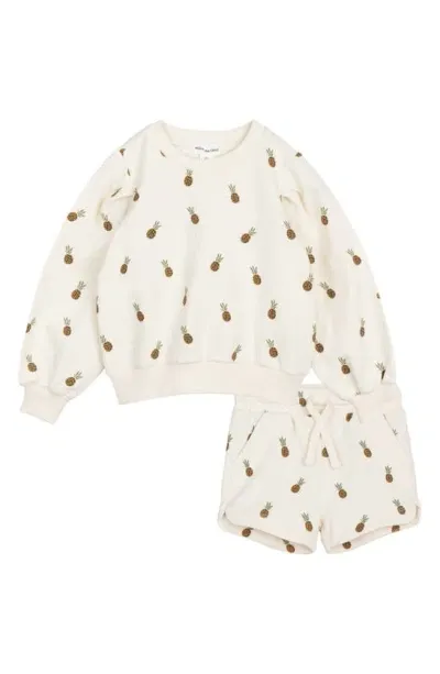 Miles The Label Babies'  Pineapple Print Organic Cotton Sweatshirt & Sweat Shorts Set In Beige