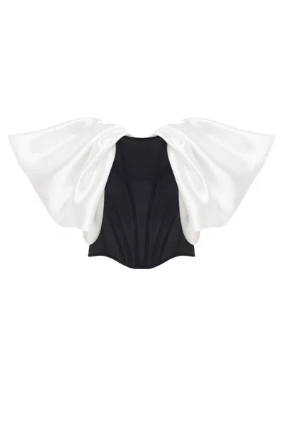 Milla Sophisticated Black Fitted Corset With White Satin Off-the-shoulder Sleeves In Black & White