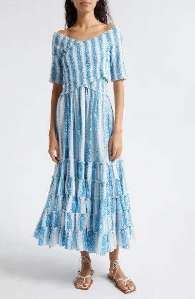 Mille Celia Stripe Smocked Bodice Tiered Ruffle Maxi Dress In Multi