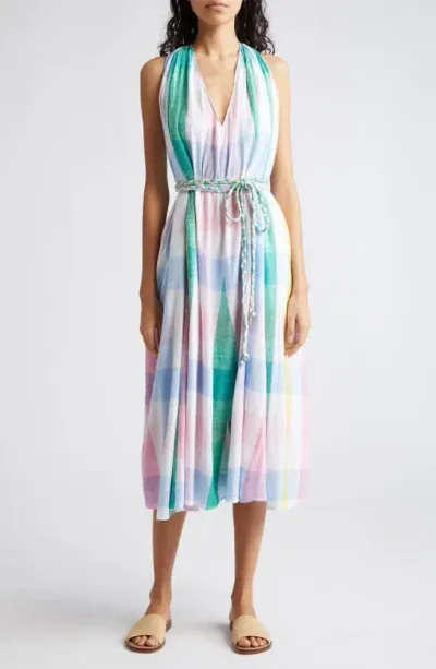 Mille Marilyn Belted Sleeveless Cotton Midi Dress In Pastel Plaid