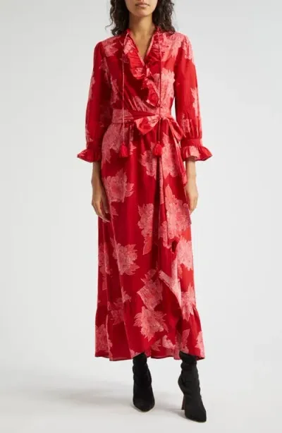 Mille Simone Floral Cotton Wrap Dress In Crimson Floral