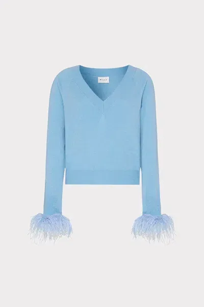 Milly Feather Cuff V-neck Long Sleeve Sweater In Ice Blue