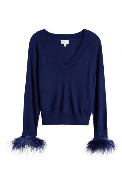 Milly Feather Cuff V-neck Sweater In Navy