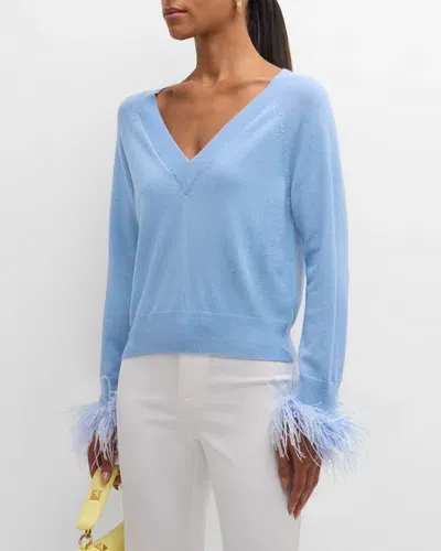 Milly Feather-trim Wool-cashmere Sweater In Ice Blue