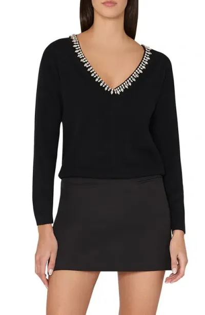 Milly Kalia Rhinestone Embellished Knit Wool Blend Top In Black