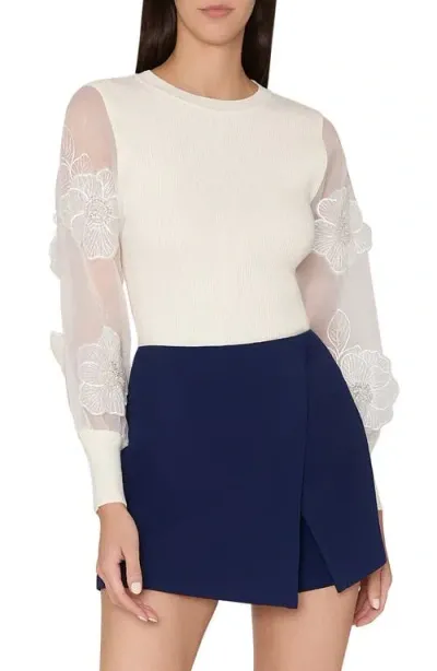 Milly Koda Floral Organza Sleeve Sweater In Ecru