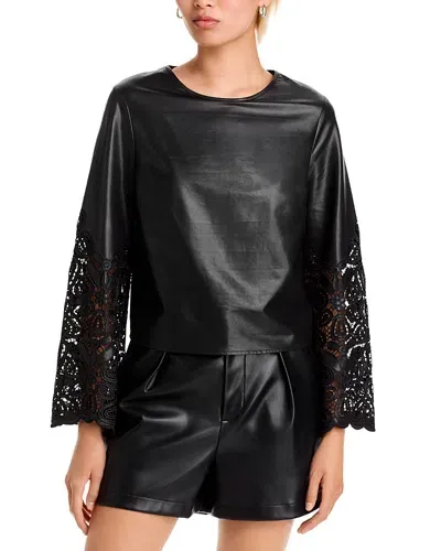 Milly Lara Faux Leather Embroidered Long Sleeve Top In Black