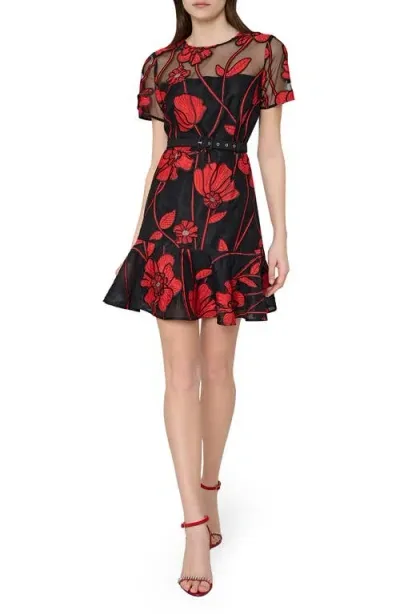 Milly Rosie Grand Fleur Embroidered Dress In Red/black