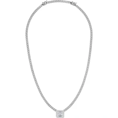 Mindi Mond Halo Diamond Cube Pendant Curb Chain Necklace In White Gold/diamond