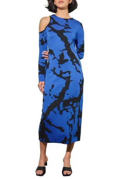 Ming Wang Cold Shoulder Long Sleeve Midi Sweater Dress In Gentian Blue/black