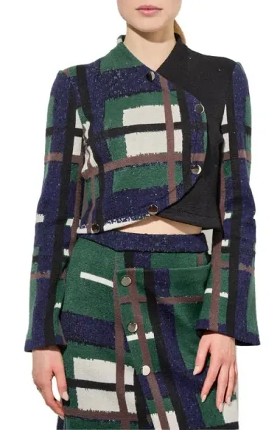 Ming Wang Cozy Asymmetric Faux Button Front Knit Crop Top In Forest Multi