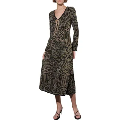 Ming Wang Metallic Swirl Long Sleeve Maxi Dress In Black/gold