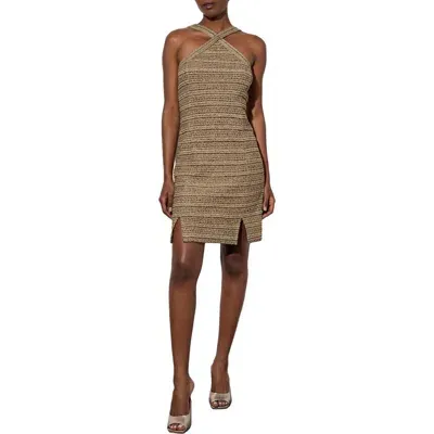 Ming Wang Metallic Tweed Halter Dress In Gold/black