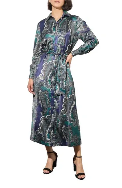 Ming Wang Paisley Print Tie Belt Long Sleeve Charmeuse Midi Shirtdress In Forest Multi