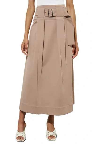 Ming Wang Pleated Belted A-line Midi Skirt In Java