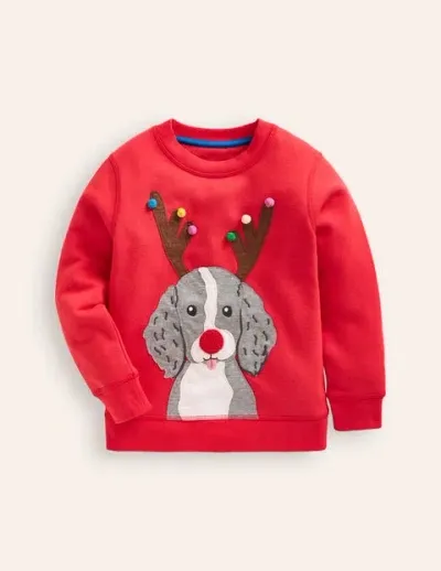 Mini Boden Kids' Cosy Festive Sweatshirt Poppy Red Dog Boys Boden