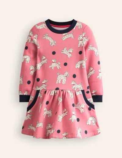 Mini Boden Kids' Cosy Printed Sweatshirt Dress Almond Pink Poodles Girls Boden