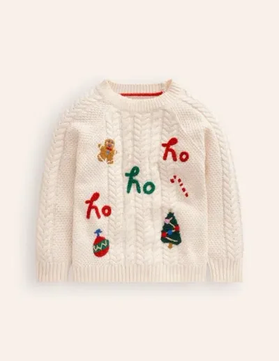 Mini Boden Kids' Festive Cable Jumper Ecru Marl Boys Boden