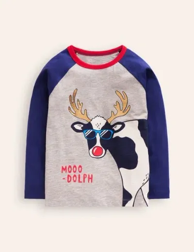 Mini Boden Kids' Festive Raglan T-shirt Grey Marl Moo-dolph Boys Boden