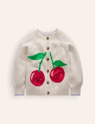 Mini Boden Kids' Fun Logo Cardigan Ecru Marl Cherry Girls Boden