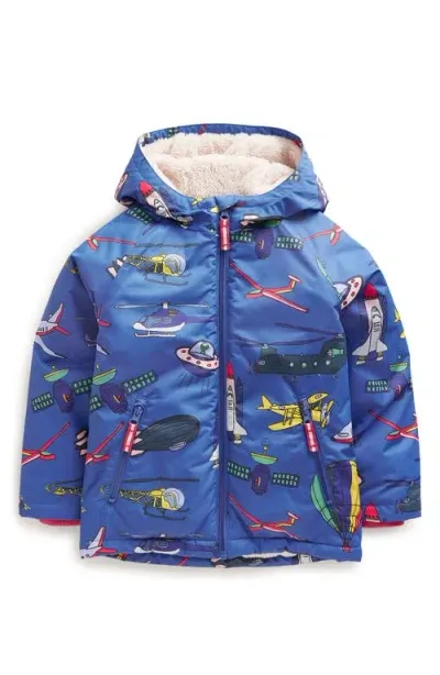 Mini Boden Kids' Aircraft Print Zip Hooded Puffer Jacket In Bluejay Transport