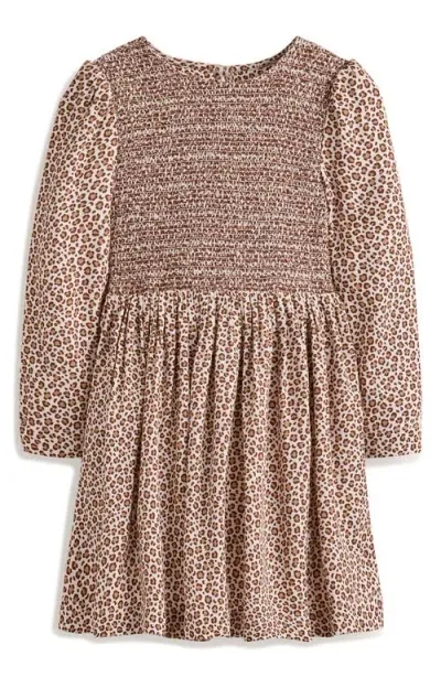 Mini Boden Kids' Animal Print Long Sleeve Smocked Dress In Brown Leopard Print