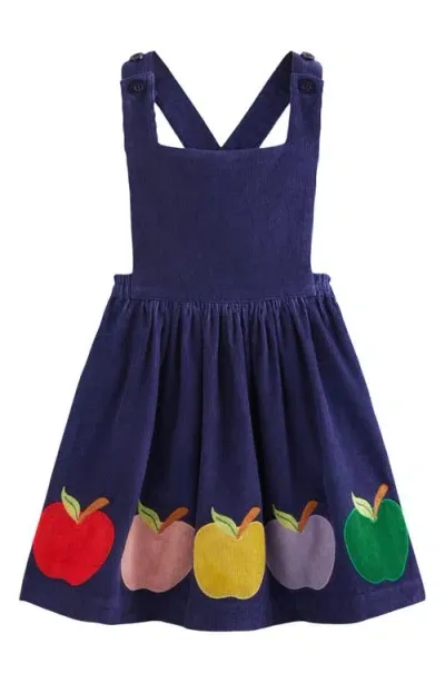 Mini Boden Kids' Apple Appliqué Cotton Corduroy Pinafore Dress In College Navy Apples