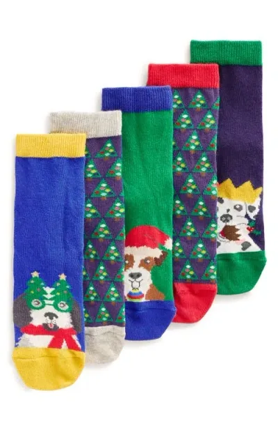 Mini Boden Kids' Assorted 5-pack Festive Dogs Cotton Blend Crew Socks