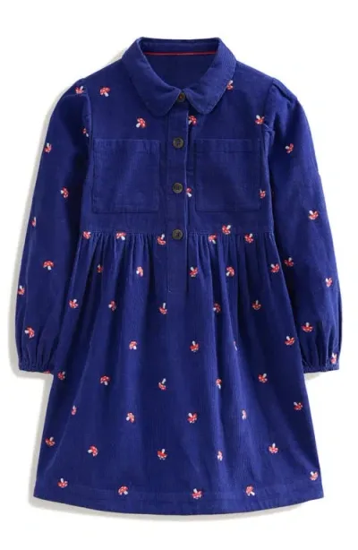 Mini Boden Kids' Aubrey Long Sleeve Corduroy Shirtdress In Sapphire Toadstool Embroidery