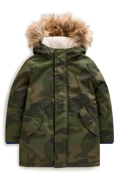 Mini Boden Kids' Authentic Waterproof Faux Fur Trim Parka In Green Camo