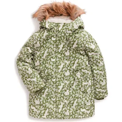 Mini Boden Kids' Authentic Waterproof Faux Fur Trim Parka In Green Squirrels