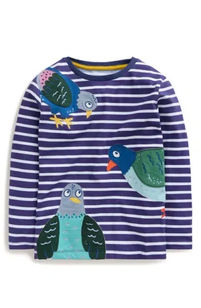 Mini Boden Kids' Bird Appliqué Breton Stripe Cotton T-shirt In Denim Blue And Ivory