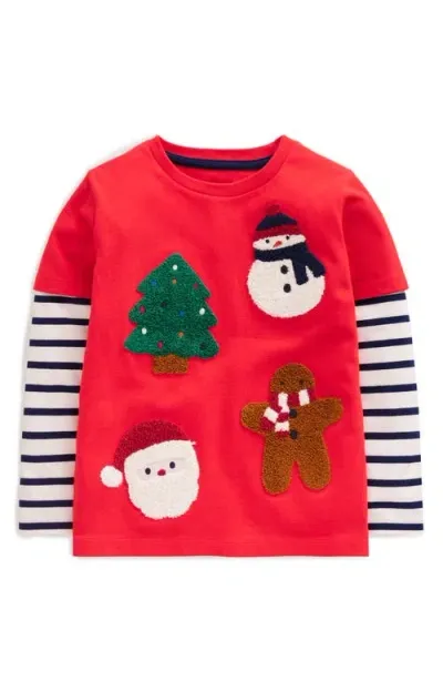 Mini Boden Kids' Bouclé Appliqué Layered Cotton T-shirt In Poppy Red Christmas