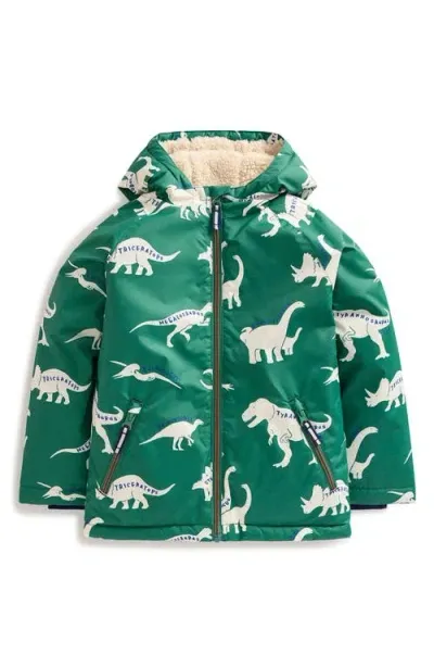 Mini Boden Kids' Dinosaur Print Zip-up Hooded Puffer Jacket In Spruce Green Dino