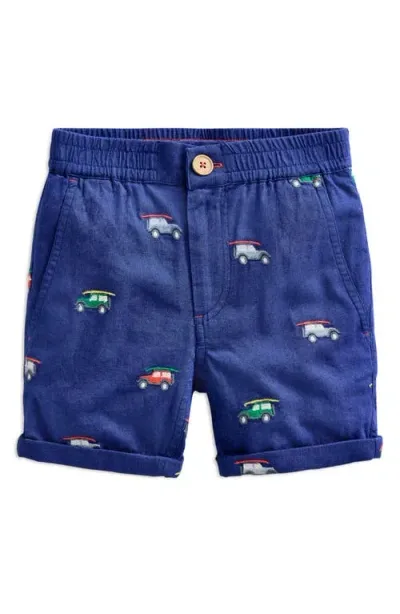 Mini Boden Kids' Dune Buggy Embroidered Cotton & Linen Smart Roll-up Shorts In Sapphire Blue Jeep