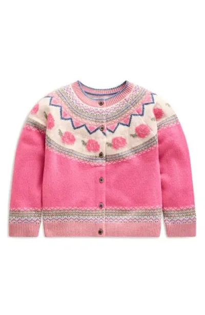 Mini Boden Kids' Edie Fair Isle Cotton & Wool Blend Cardigan In Jam Marl Roses