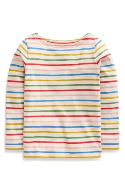 Mini Boden Kids' Ella Breton Stripe Elbow Patch Long Sleeve Cotton T-shirt In Soft Rainbow