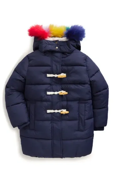 Mini Boden Kids' Faux Fur Trim Longline Insulated Coat In College Navy Rainbow Fur