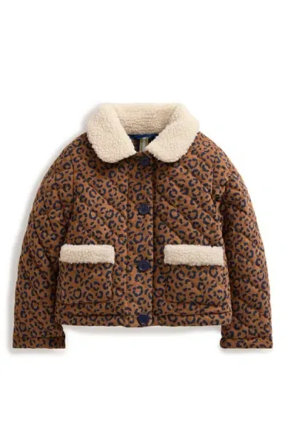 Mini Boden Kids' Faux Shearling Trim Corduroy Jacket In Tan Leopard Print