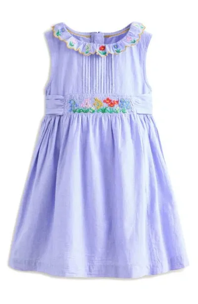 Mini Boden Kids' Floral Embroidered Sleeveless Cotton Dress In Blue End-on-end Embroidery