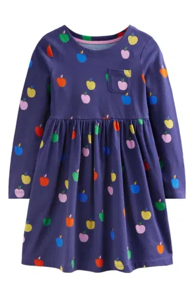 Mini Boden Kids' Fun Print Long Sleeve Cotton Jersey Dress In College Navy Rainbow Apples